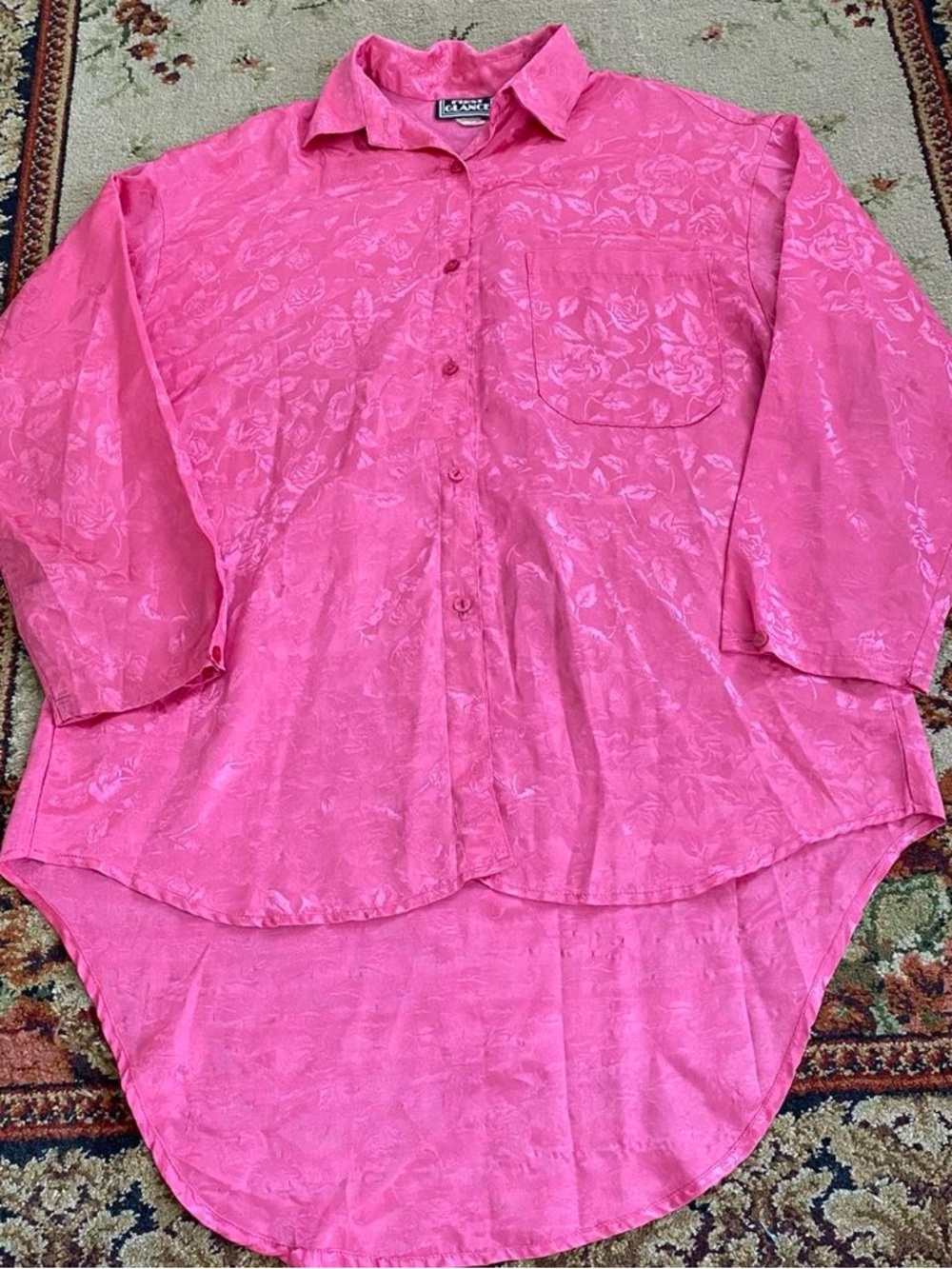 First Glance hot pink silky floral print blouse